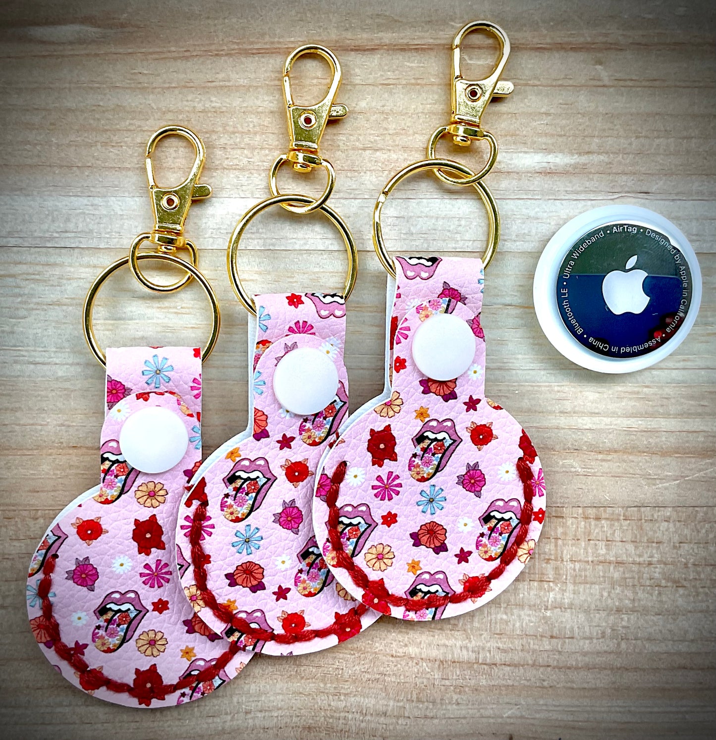 AirTag Holder Keychain - Retro Rocker Lips and Flower