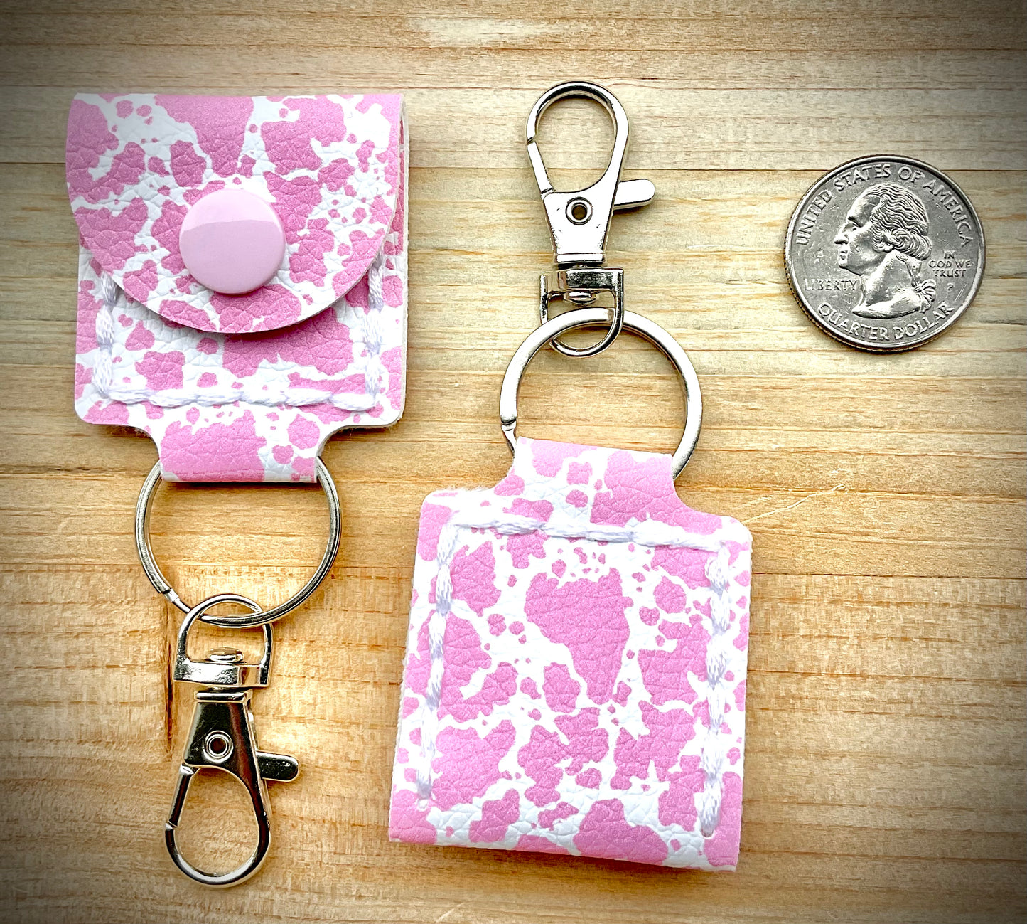 Coin/Quarter Holder Keychain - Pink Cow
